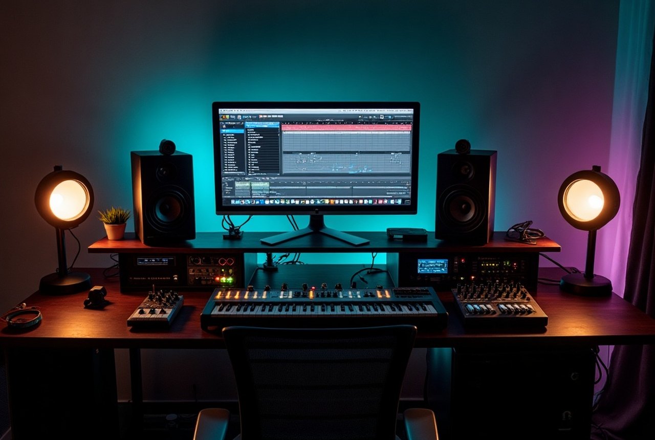 Pro Tools session window open on a studio monitor-flanked workstation