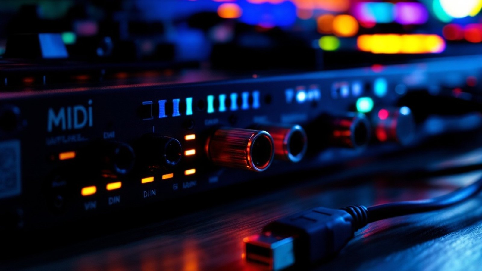 Close-up of a USB MIDI interface next to a 5-pin DIN cable