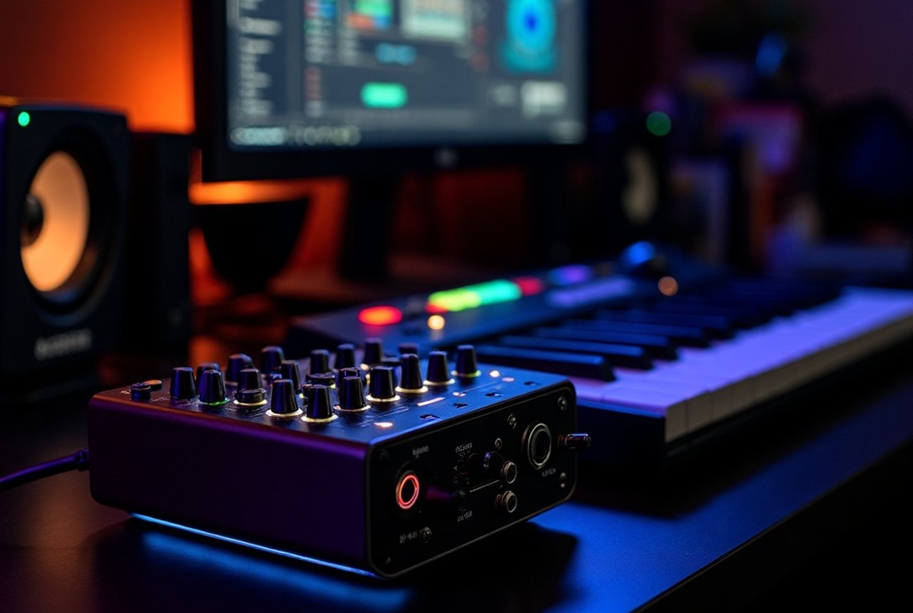 A compact USB MIDI interface on a desk beside a keyboard