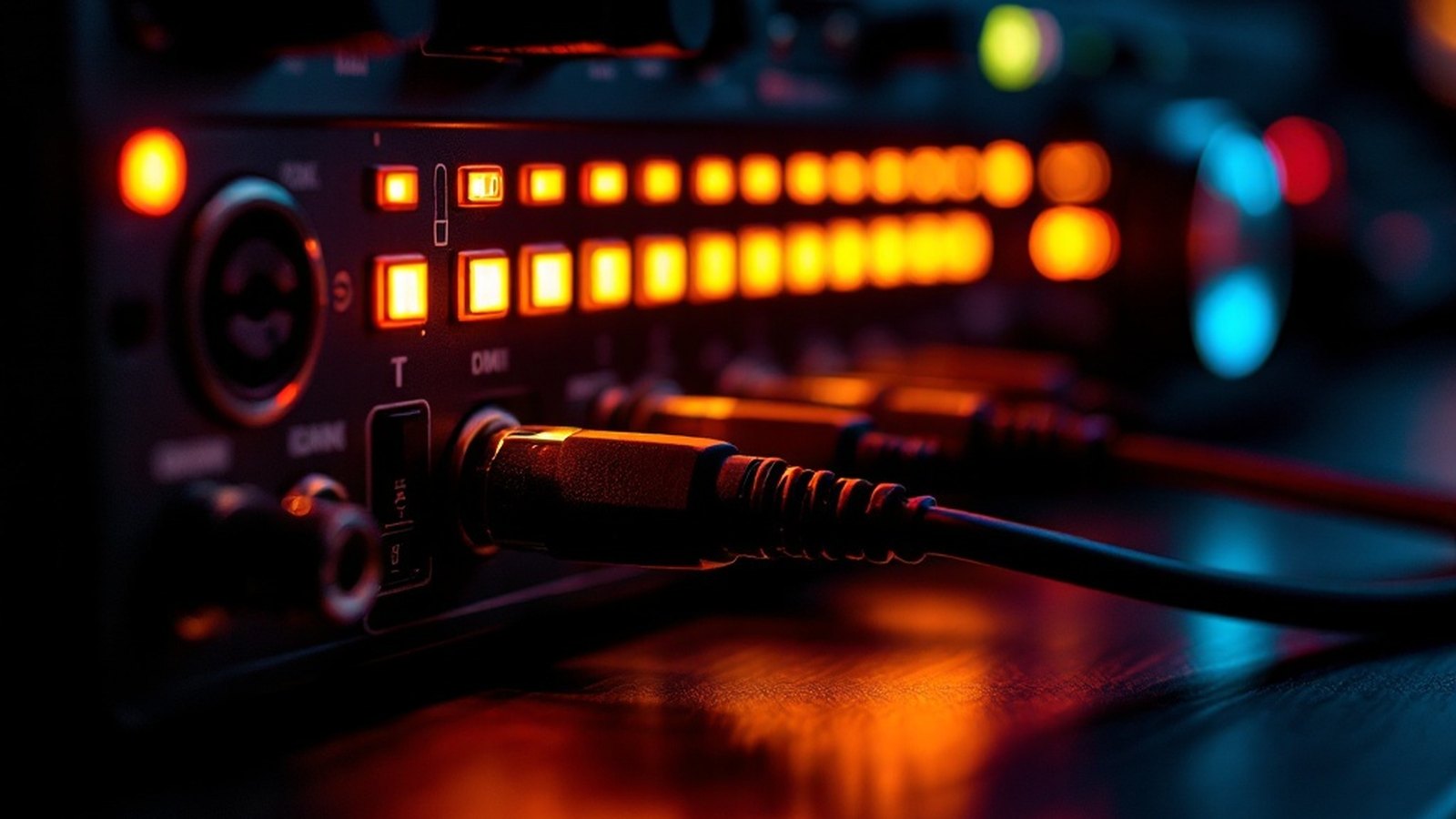 Close-up of a 5-pin DIN MIDI cable plugging into the back of a keyboard