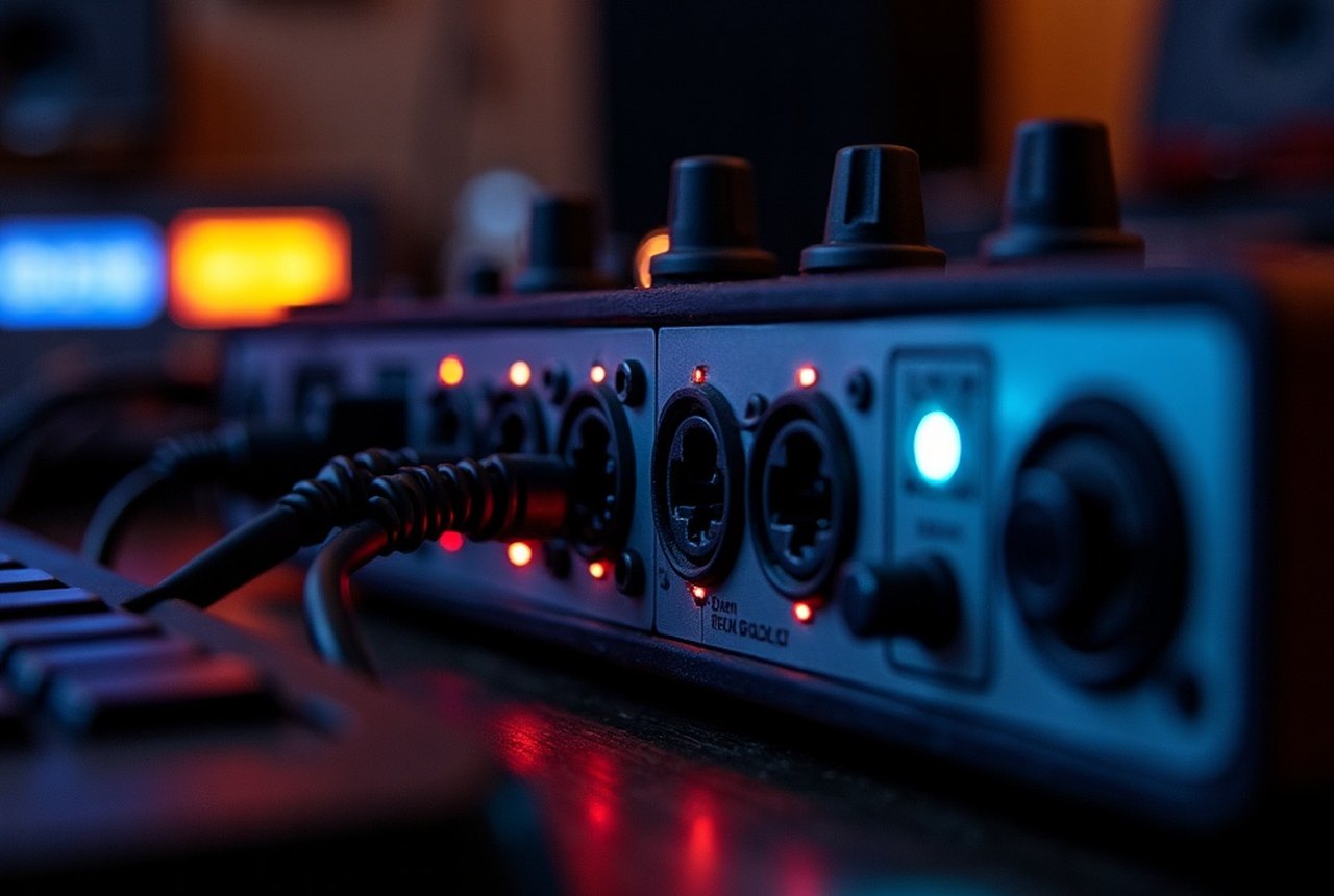 Rear panel of a Focusrite Scarlett 2i2 showing MIDI In/Out ports