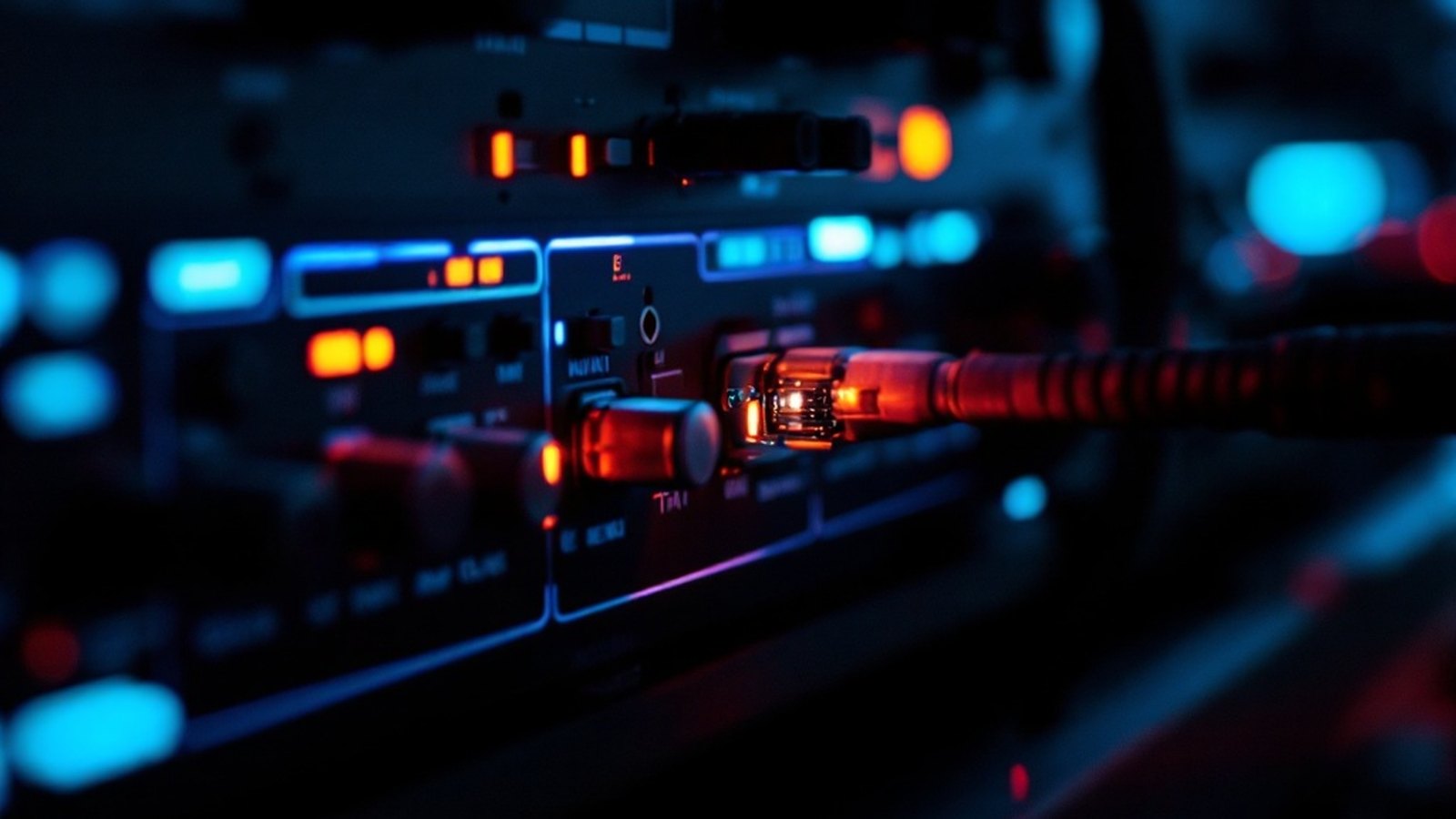 Close-up of a 5-pin DIN MIDI connector being plugged into a keyboard